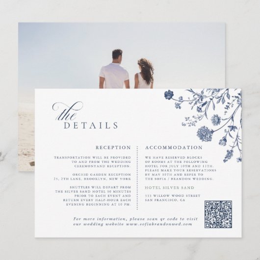 Classic Victorian Blue French QR Code Wedding エンクロージャーカード (正面/裏面)