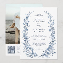 Classic Victorian Blue French QR Code Wedding 招待状