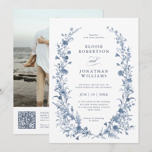 Classic Victorian Blue French QR Code Wedding 招待状 (正面/裏面)