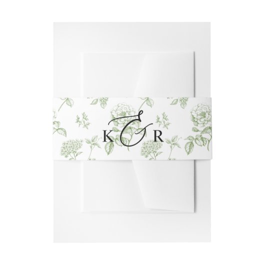 Classic Victorian Green Floral Wedding Monogram 招待状ベリーバンド (正面例)