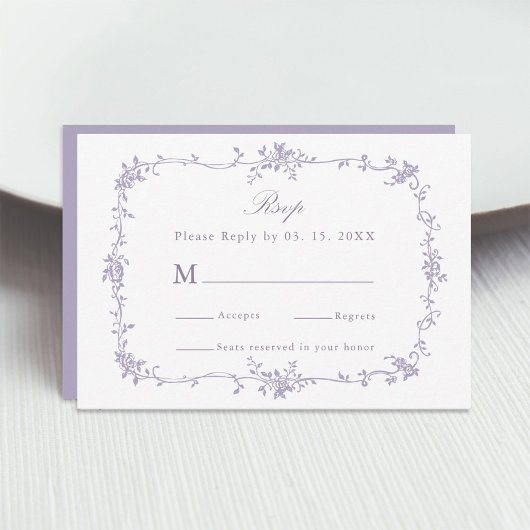 Classic Victorian Lavender Floral Frame Wedding 出欠カード