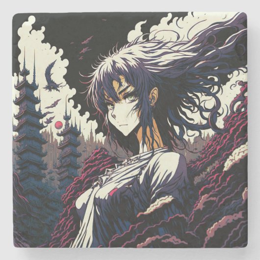 Classic Vintage Anime Girl - 90's Manga ストーンコースター (正面)