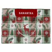 Classic Vintage Christmas Plaid & Holly Pattern ラージペーパーバッグ (裏面)