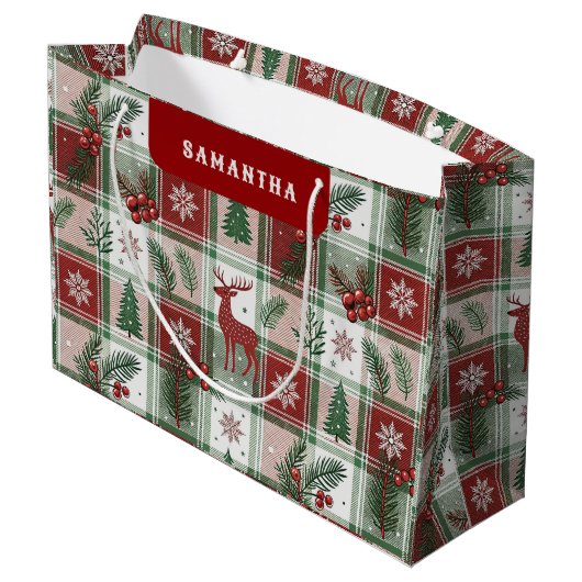 Classic Vintage Christmas Plaid & Holly Pattern ラージペーパーバッグ (裏面アングル)