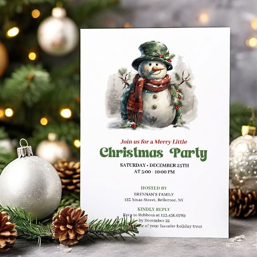 Classic vintage Christmas snowman party invitation 招待状