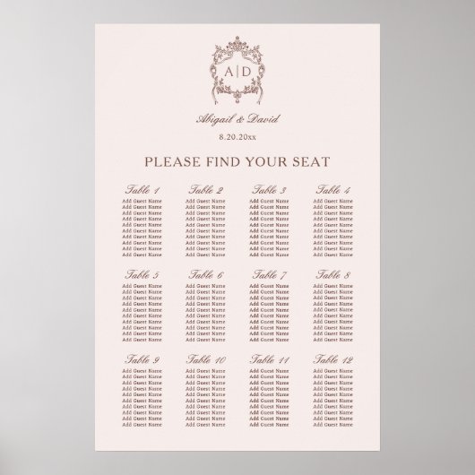 Classic Vintage Crest Wedding Seating Chart ポスター (正面)