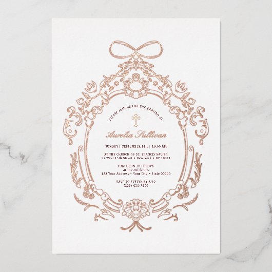 Classic Vintage Frame Baptism Rose Gold 箔招待状 (正面)