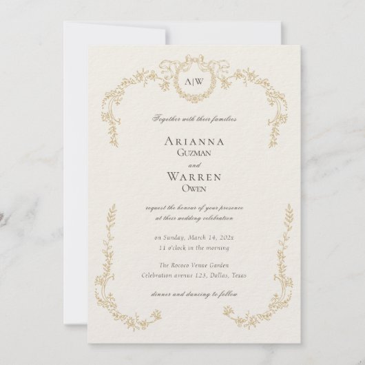 Classic Vintage Gold Monogram Wedding  招待状 (正面)