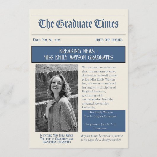 Classic Vintage Newspaper style graduation 2026 案内状 (正面)