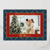 Classic Vintage Red Plaid Photo Christmas Gold 箔シーズンカード (正面)