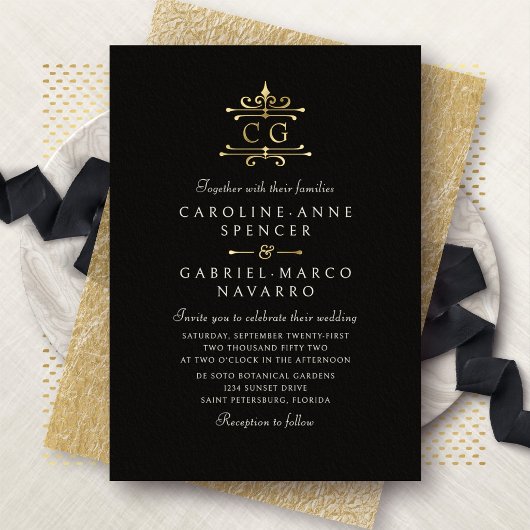 Classic Vintage Romantic Monogram Wedding 箔招待状