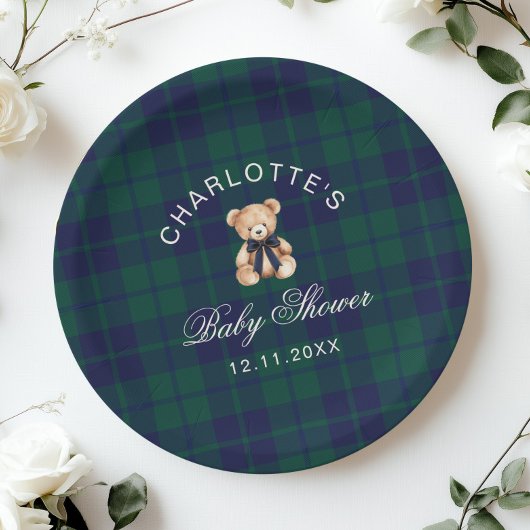 Classic Vintage Teddy bear Plaid Baby Shower ペーパープレート