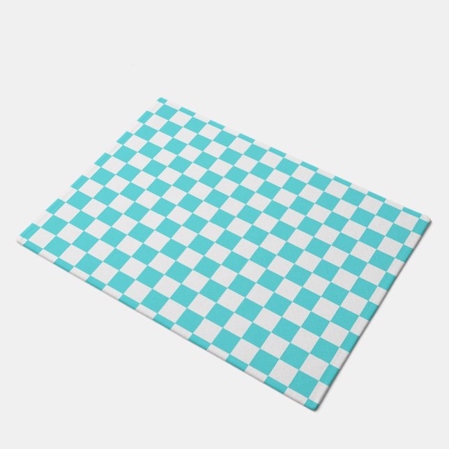 Classic visual turquoise blue checkerboard  ドアマット (アングル)