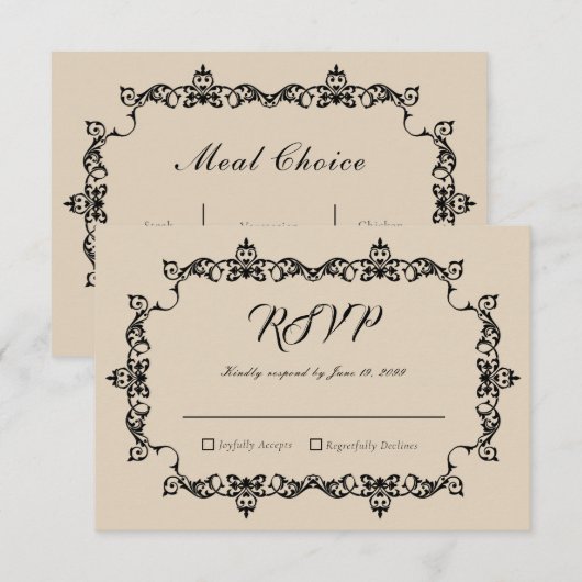 Classic Warm Sand Ornately Framed Wedding 出欠カード (正面/裏面)