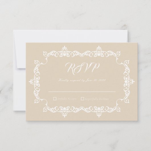 Classic Warm Sand Ornately Framed Wedding 出欠カード (正面)