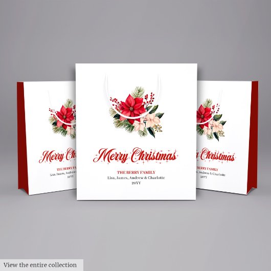 Classic Watercolor Christmas Flower Gift Bags ミディアムペーパーバッグ