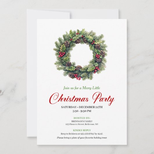 Classic Watercolor Christmas Wreath Invitation 招待状 (正面)
