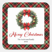 Classic Watercolor Christmas Wreath Name Sticker スクエアシール (正面)