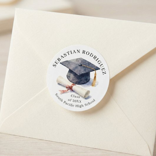 Classic Watercolor Graduation Cap Diploma ラウンドシール