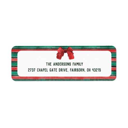 Classic Watercolor Red Bow & Stripes Christmas  ラベル (正面)
