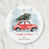 Classic Watercolor Red Car Christmas Tree Holiday  フェイバータグ (正面)