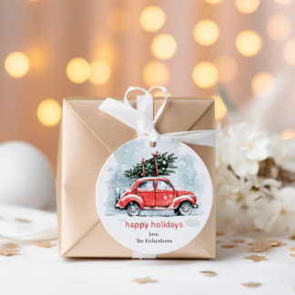 Classic Watercolor Red Car Christmas Tree Holiday  フェイバータグ
