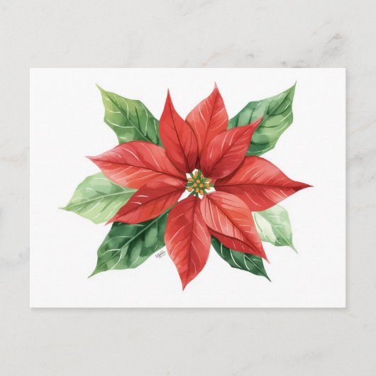 Classic Watercolor Red Poinsettia Flower シーズンポストカード (正面)