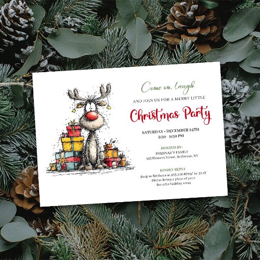 Classic whimsical reindeer Christmas party invite 招待状