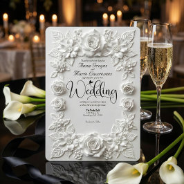 Classic White Bas Relief Faux Embossed Floral  招待状