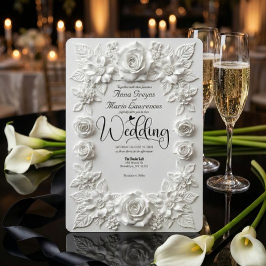 Classic White Bas Relief Faux Embossed Floral 招待状