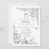 Classic White Black Botanical Wedding  招待状 (正面)