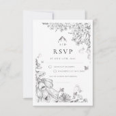 Classic White Black Floral Wedding  出欠カード (正面)