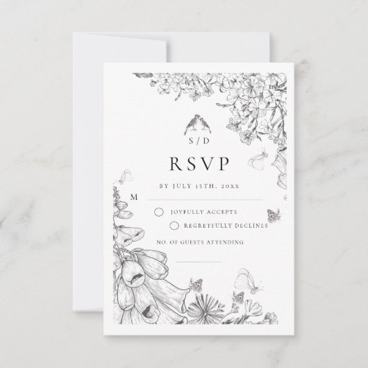 Classic White Black Floral Wedding  出欠カード (正面)