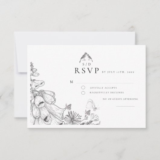 Classic White Black Floral Wedding  RSVP Card (正面)