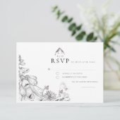 Classic White Black Floral Wedding  RSVP Card (スタンド正面)