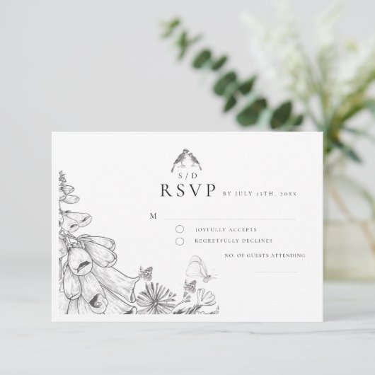Classic White Black Floral Wedding  RSVP Card (スタンド正面)