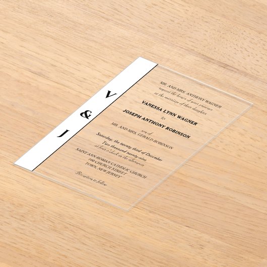 Classic White Black Modern Wedding アクリル招待状 (レイダウン)