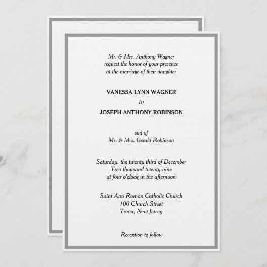 Classic White Black Silver Monogram Wedding 招待状 (正面/裏面)