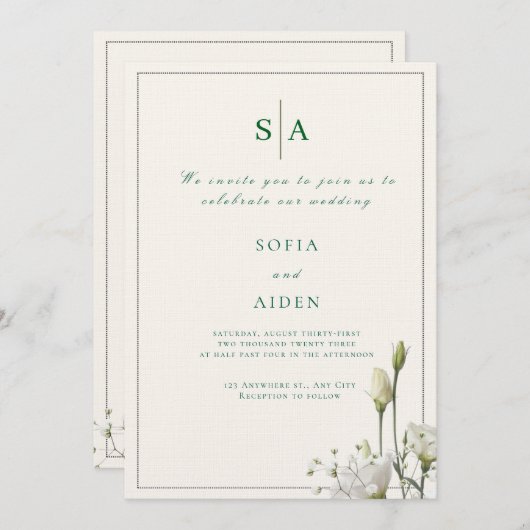 classic white floral and border wedding invitation 招待状 (正面/裏面)