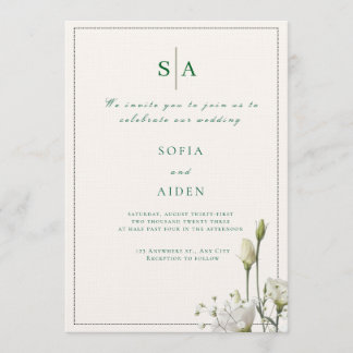 classic white floral and border wedding invitation 招待状