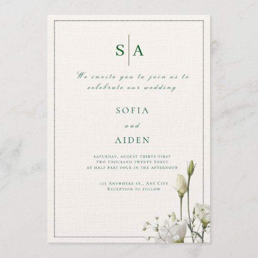classic white floral and border wedding invitation 招待状 (正面)