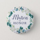 Classic White Flower Matron of Honor Bridal Shower 缶バッジ<br><div class="desc">This classic white flower matron of honor bridal shower button is perfect for a spring wedding shower. The elegant floral design features soft ivory and white roses,  peonies,  and chrysanthemum with touches of periwinkle blue watercolor flowers and green foliage.</div>