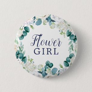 Classic White Flowers Flower Girl Bridal Shower 缶バッジ