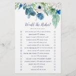 Classic White Flowers Would She Rather Game チラシ<br><div class="desc">This classic white flowers would she rather game is perfect for a spring wedding shower. The elegant floral design features soft ivory and white roses, peonies, and chrysanthemum with touches of periwinkle blue watercolor flowers and green foliage. Personalize the back of the card with the name of the bride and...</div>