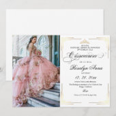 Classic White Gold Script Photo Quinceañera  招待状 (正面/裏面)