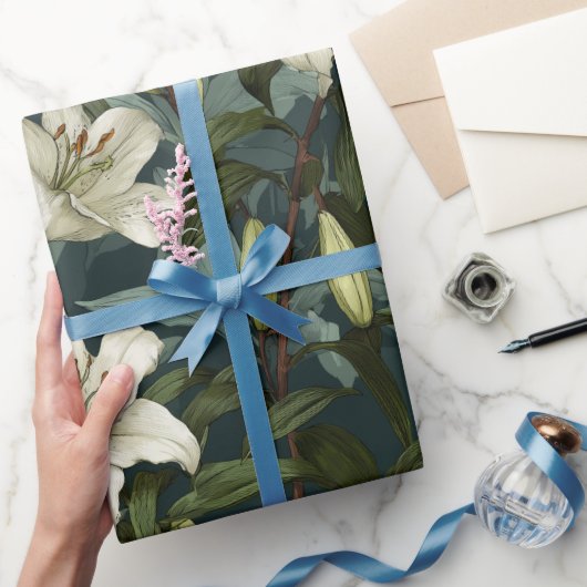 Classic White Lily Green Floral Pattern ラッピングペーパー (ギフト)