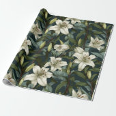 Classic White Lily Green Floral Pattern ラッピングペーパー (アンロールド)