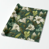 Classic White Lily Green Floral Pattern ラッピングペーパー (アンロールド)