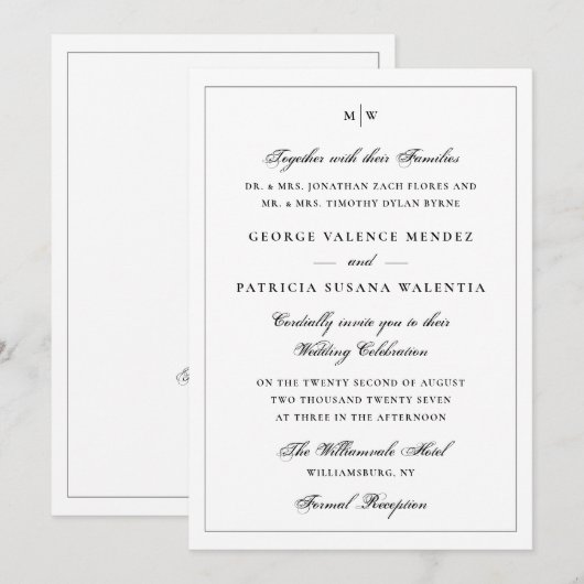 Classic White Monogram QR Code Wedding 招待状 (正面/裏面)