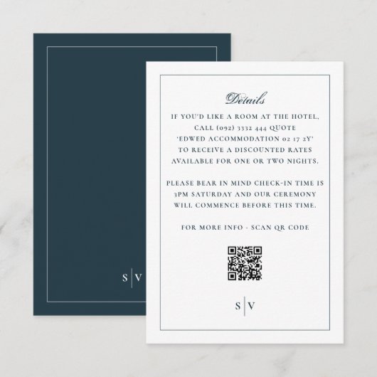 Classic White Navy Back QR Code Wedding Details エンクロージャーカード (正面/裏面)